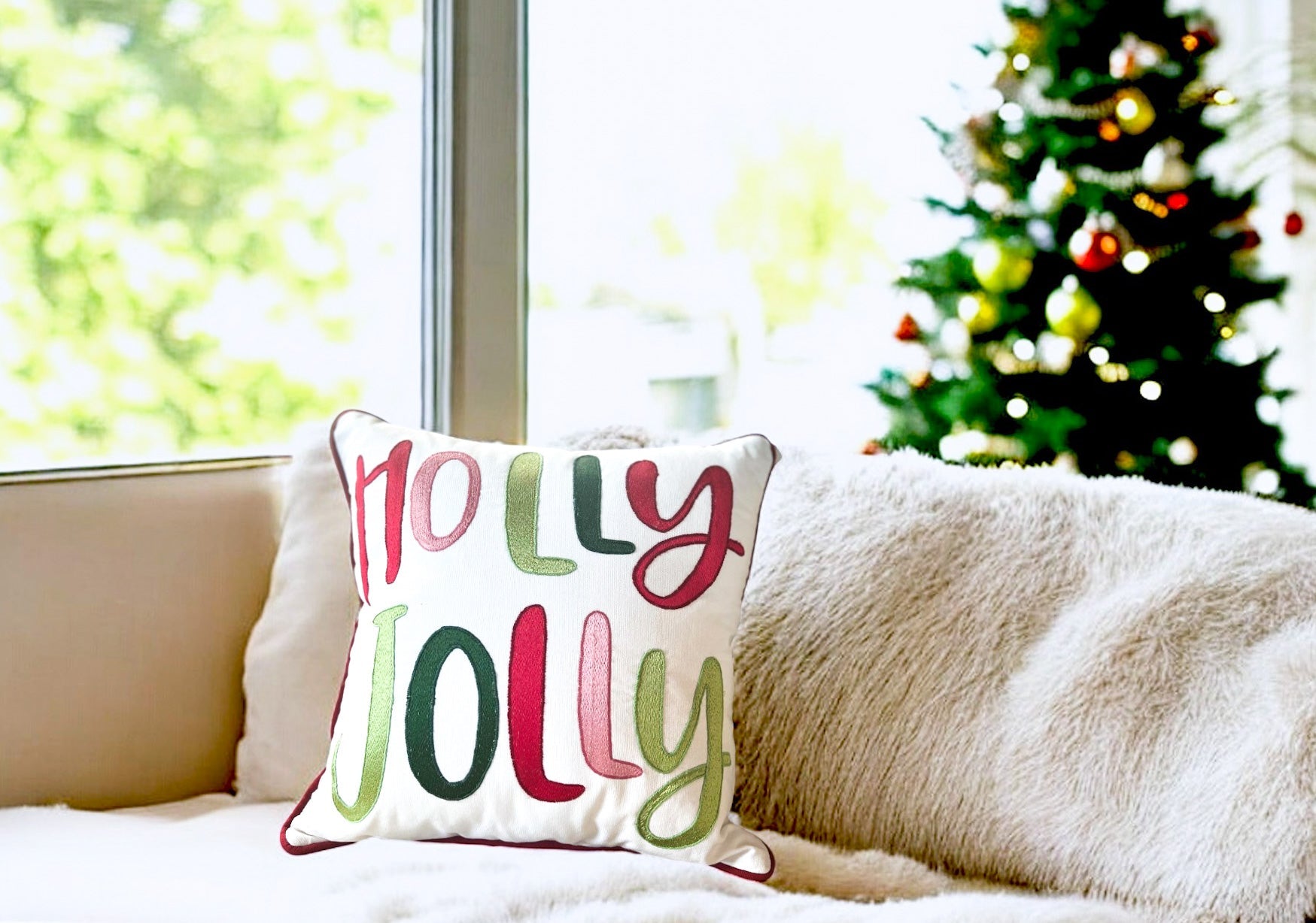 Holly Jolly Embroidered Christmas Holiday Pillow