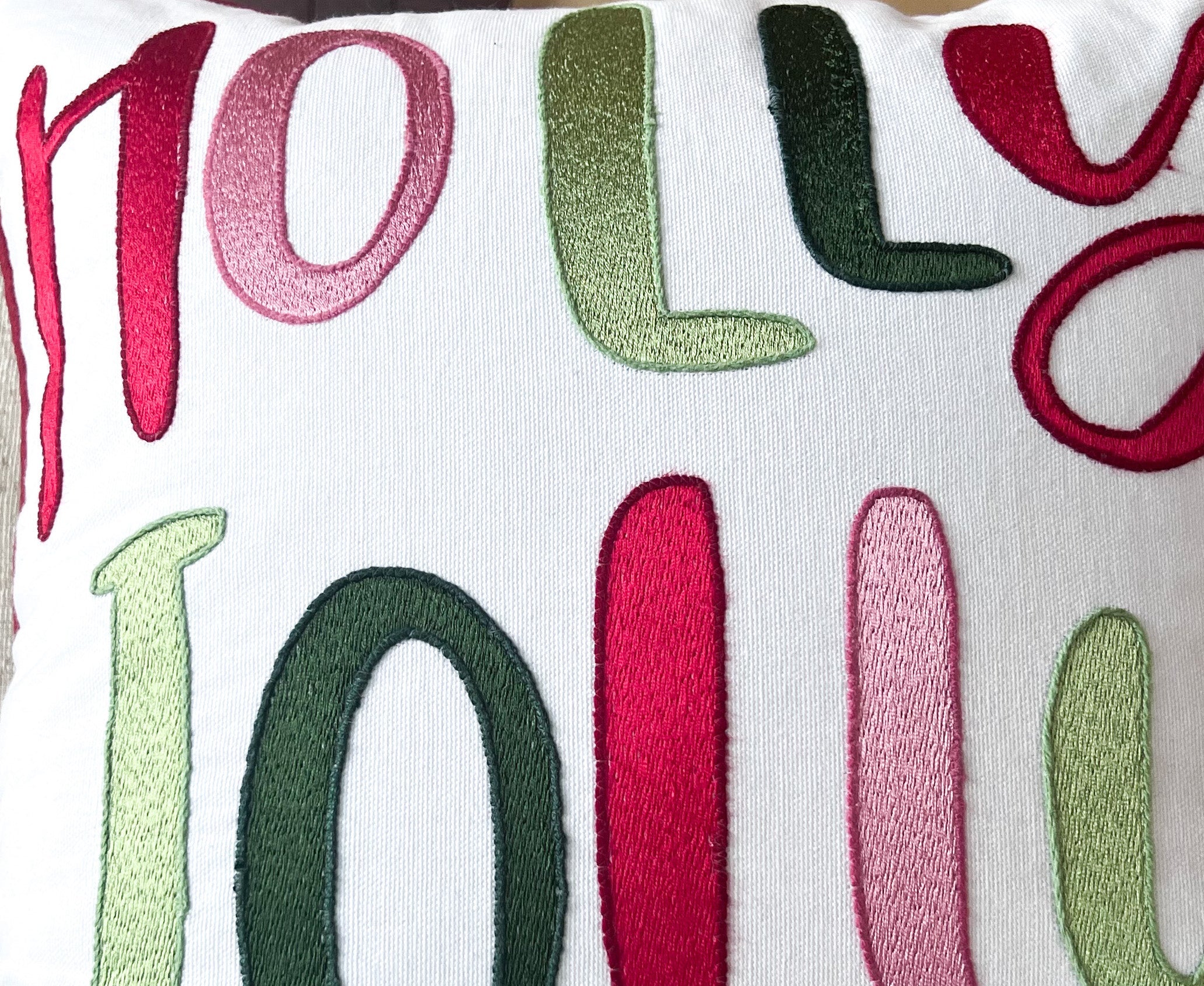 Holly Jolly Embroidered Christmas Holiday Pillow