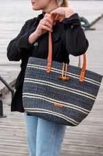 Load image into Gallery viewer, Large Blue Striped Sisal Bag with Leather Handles

