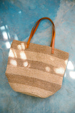Load image into Gallery viewer, Natural Striped Raffia Tote with Leather Handles
