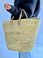 Load image into Gallery viewer, French Market Basket Tote | Handwoven Beach Bag with Leather Handles

