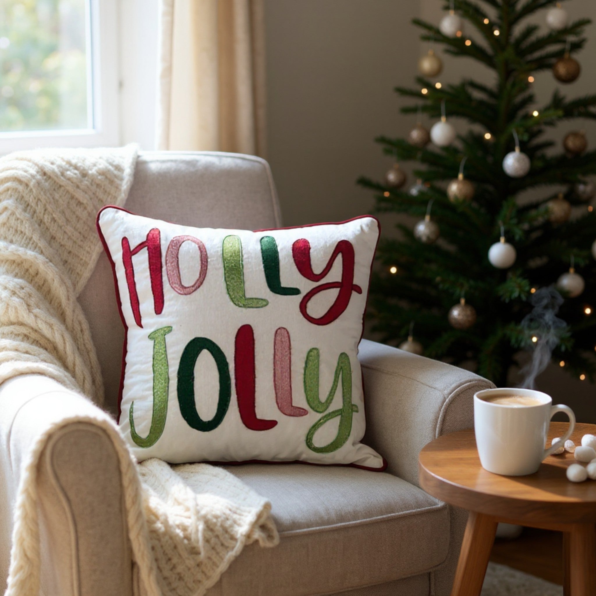 Holly Jolly Embroidered Christmas Holiday Pillow