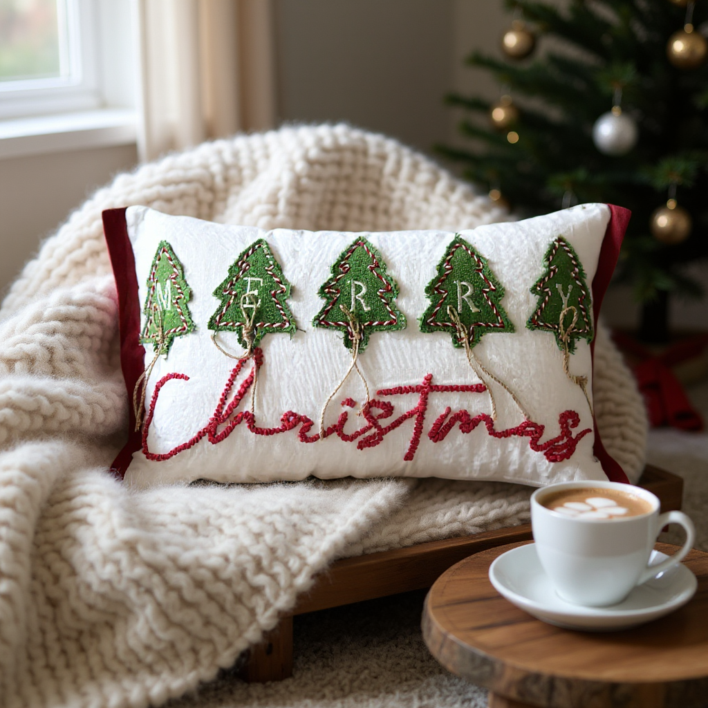 Merry Christmas Embroidered and  Applique Tree with Jute Embellishments Throw Pillow