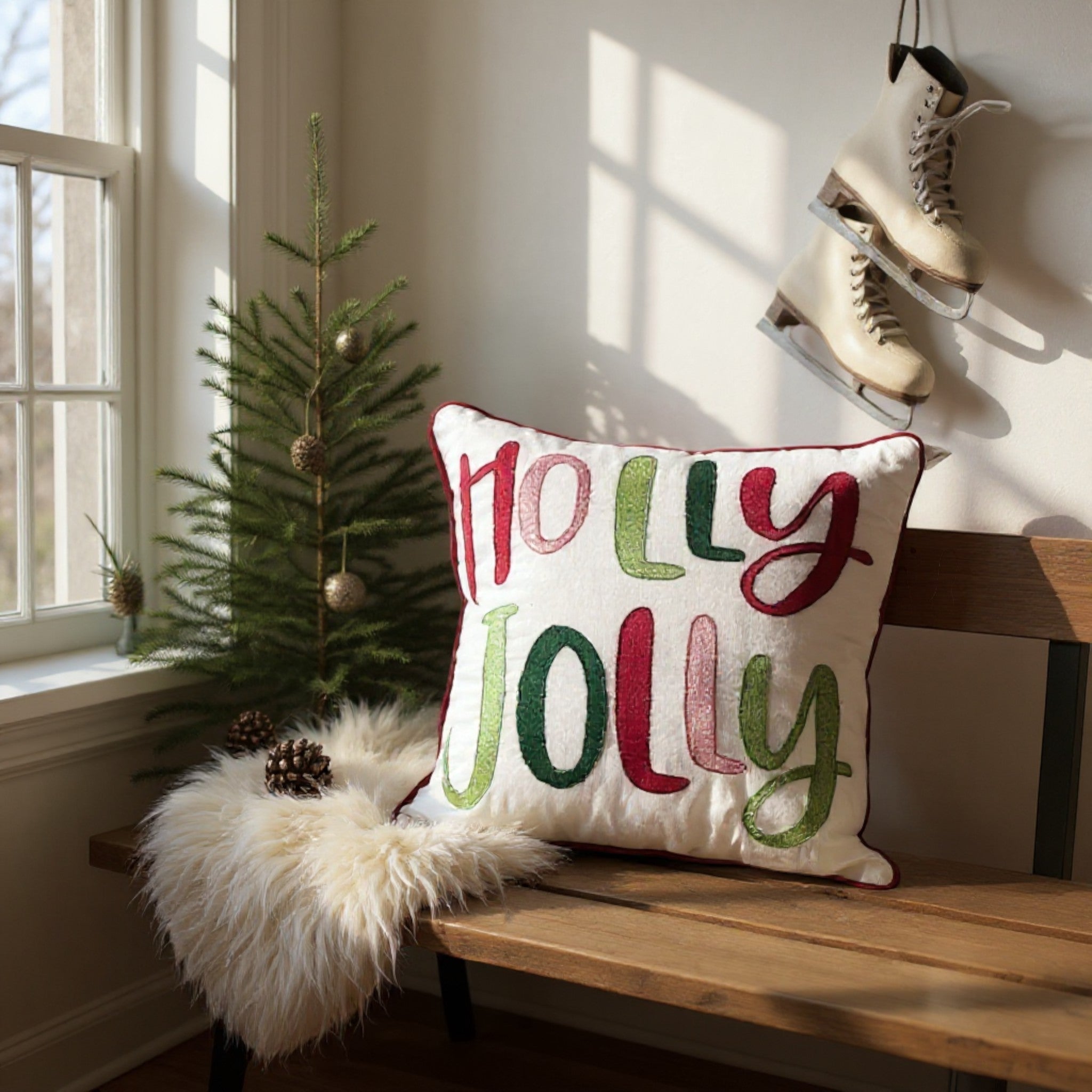 Holly Jolly Embroidered Christmas Holiday Pillow