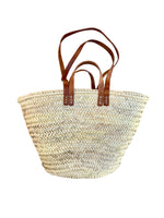 Load image into Gallery viewer, Woven Straw Bag with Medium Brown Leather Handles - French Market Basket
