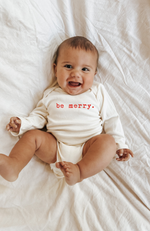 Load image into Gallery viewer, "Be Merry" Organic Cotton Baby Bodysuit /  Long Sleeve Holiday Onesie

