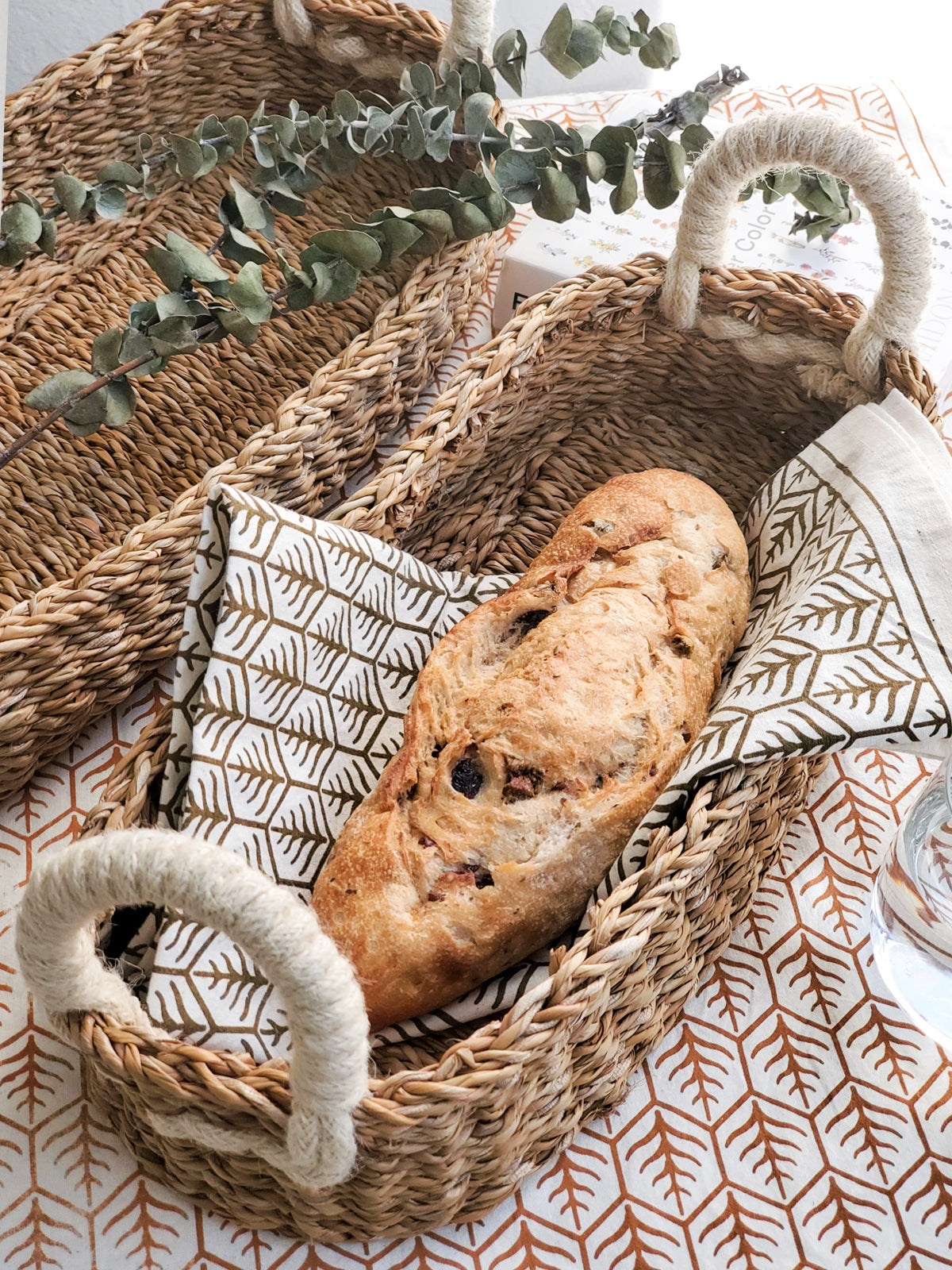 Seagrass Bread Baskets with White Handles