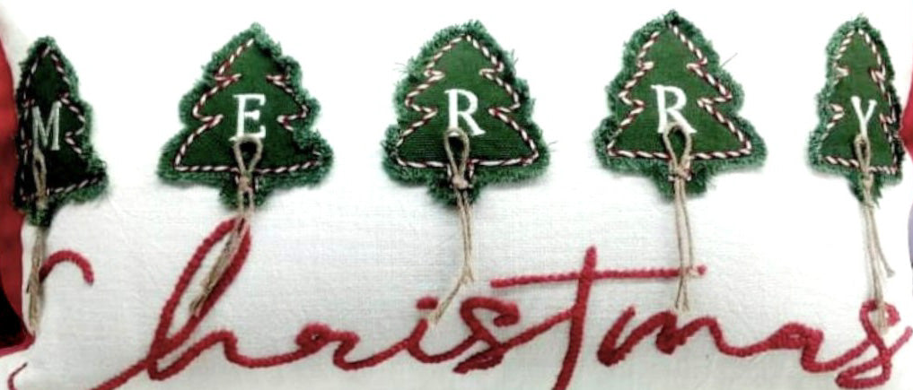 Merry Christmas Embroidered and  Applique Tree with Jute Embellishments Throw Pillow